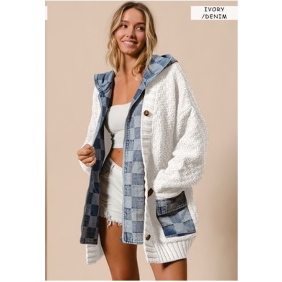 Cozy Checkered Plaid Denim Mixed Fabric Knit Cardigan Jacket Shacket - Picture 2 of 7